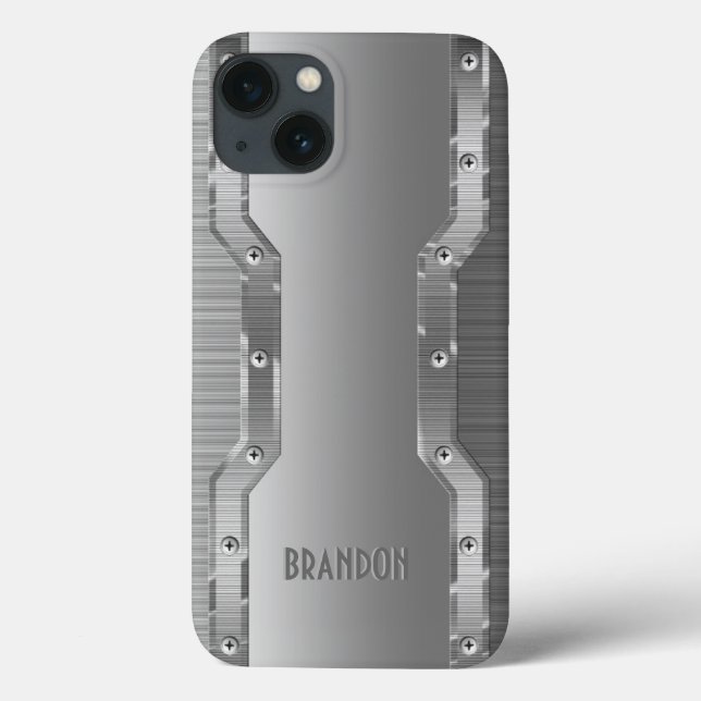 Metallisches Silber-Grau-Pinselmetall-Monogramm Case-Mate iPhone Hülle (Rückseite)