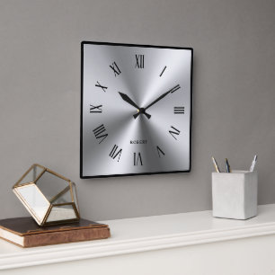 Metallisches Silber Grau Schwarzer Rand Römische Z Quadratische Wanduhr