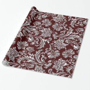 Metallisches Silber und Burgunderrot Vintage-Damas Geschenkpapier
