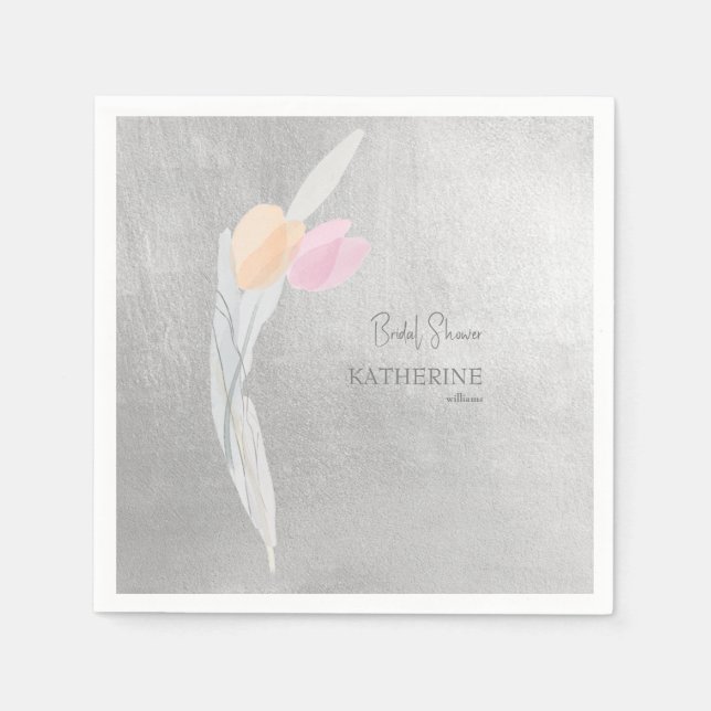 Metallisches Silberwatte Tulip Cocktail Serviette (Vorderseite)
