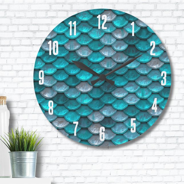 Metallisches, türkisfarbenes Aquamarines Mermaid-S Große Wanduhr (Metallic Turquoise Teal Mermaid Scales Pattern Large Clock )