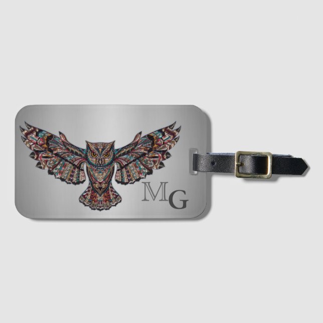 Metallisierte Eulen-Kunst-Monogramm Gepäckanhänger (Vorderseite (Horizontal))