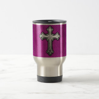 Metallkreuz auf rosa Leder Reisebecher