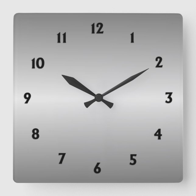 Metallsilber mit schwarzen Zahlen Quadratische Wanduhr (Vorderseite)
