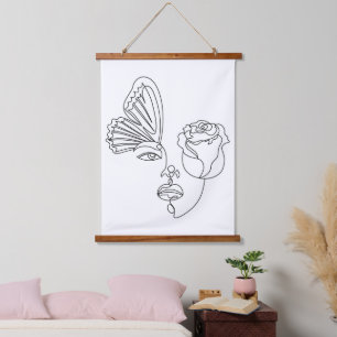Metamorphose – Abstrakte Schmetterling & Rosen-Lin Wandteppich Mit Holzrahmen
