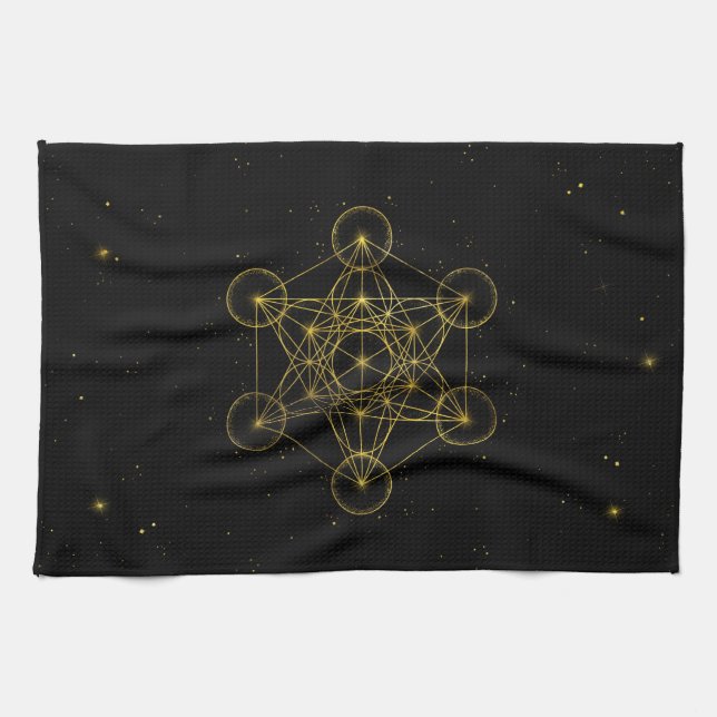 Metatron's Cube Heilige Geometrie Schwarz und Gold Geschirrtuch (Horizontal)