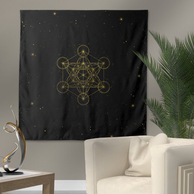 Metatron's Cube Sacred Geometry Black and Gold Wandteppich (Von Creator hochgeladen)