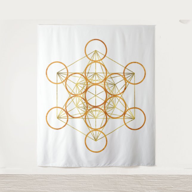 Metatron's Cube Sacred Geometry - Kupfer und Gold Wandteppich (Vorderseite)