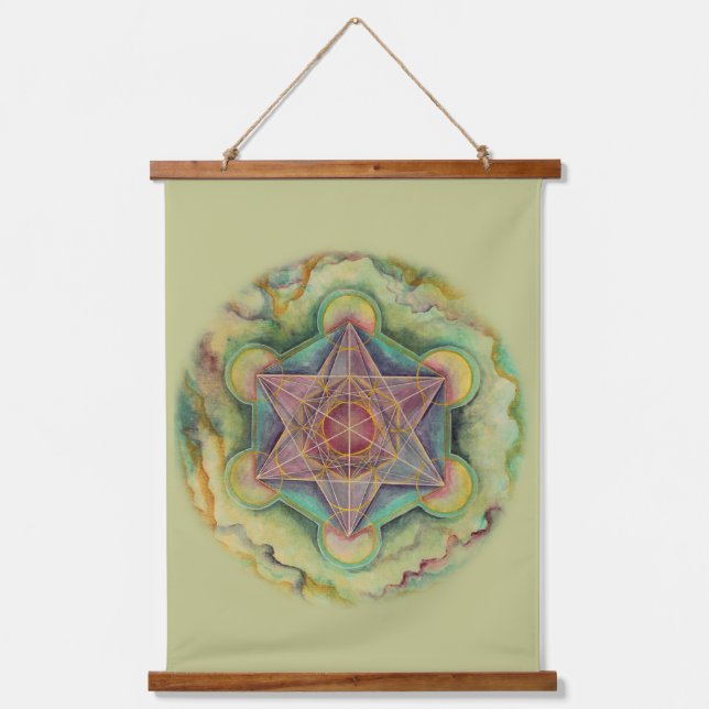 Metatrons Cube Sacred Geometry Wandteppich Mit Holzrahmen (Vorderseite)