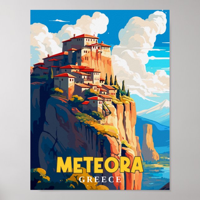 Meteora Greece Vintage Reise Illustration Poster (Vorne)