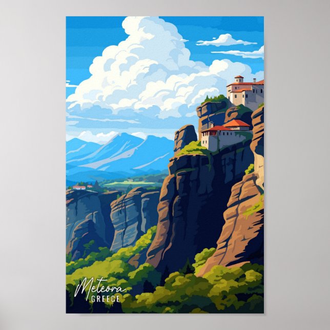 Meteora Greece Vintage Reise Illustration Poster (Vorne)
