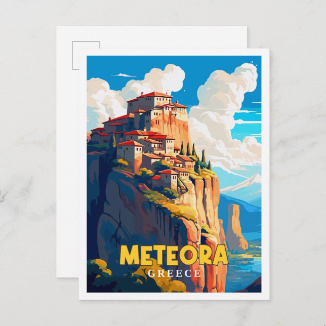 Meteora Greece Vintage Reise Illustration Postkarte (Vorne/Hinten)