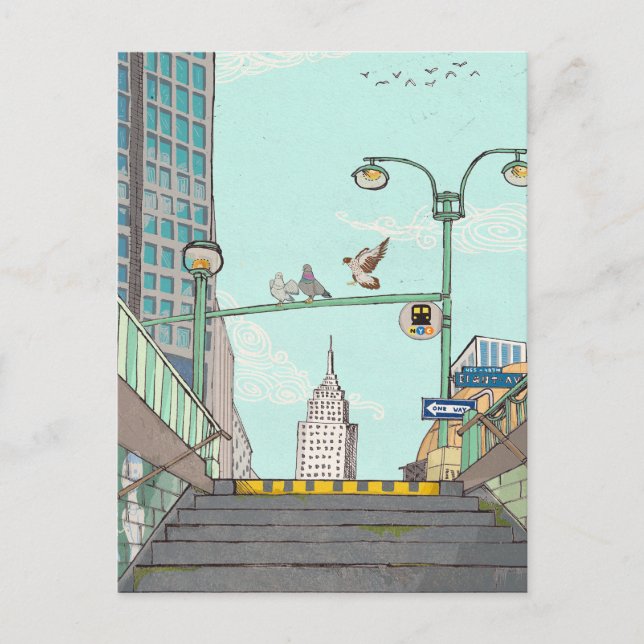 Metro Stopp Manhattan NYC Whimsical Illustration Postkarte (Vorderseite)