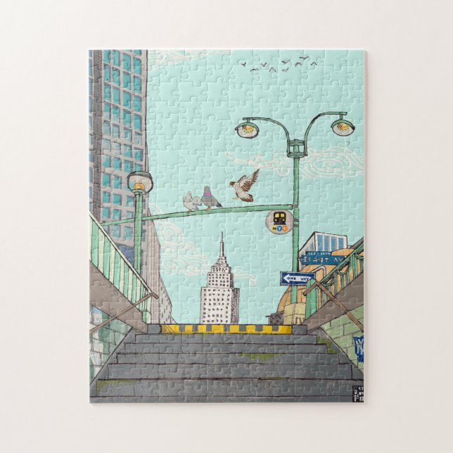 Metro Stopp Manhattan NYC Whimsical Illustration Puzzle (Vertikal)
