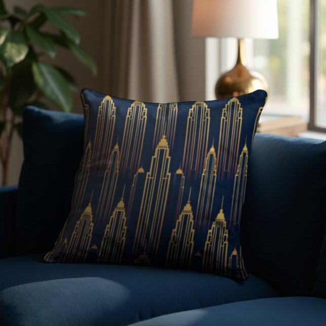 Metropolis Rose Brass - Luxe Deko Geometry Kissen (Jazz Age opulence. Rose brass Art Deco skyscrapers for luxurious interiors.)