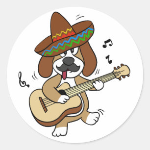 Mexican Beagle playing guitar Choose back color Runder Aufkleber