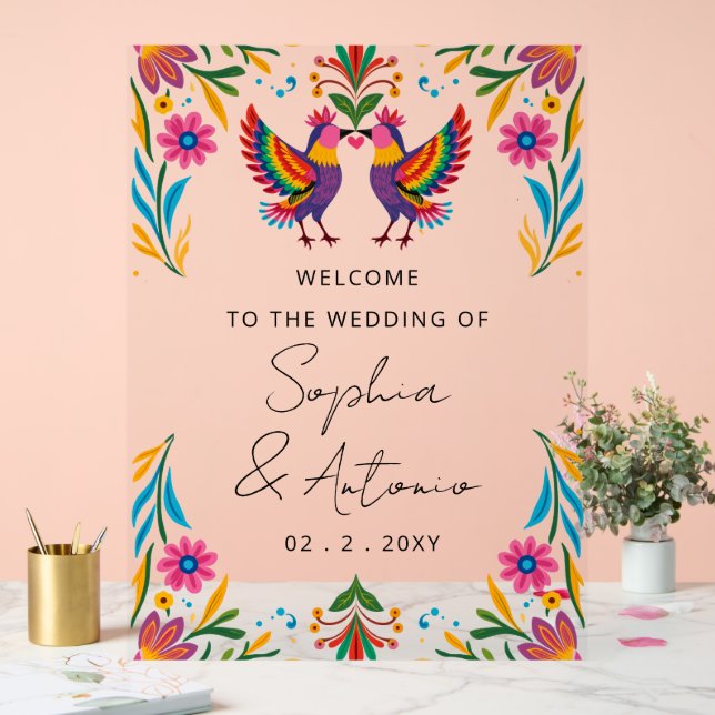 Mexican Birds Otomi Floral Fiesta Welcome Sign Acrylschild (Hochzeit)