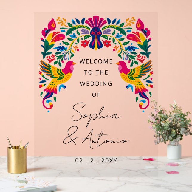 Mexican Birds Otomi Floral Fiesta Welcome Sign Acrylschild (Hochzeit)