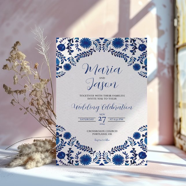 Mexican Blue Floral Aesthetic Botanical Wedding Einladung (Mexican Blue Floral Aesthetic Botanical Wedding Invitation)