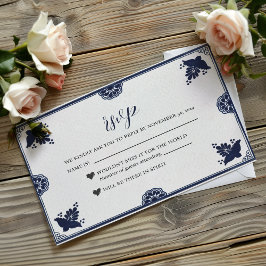 Mexican Blue Floral Otomi Simple Fiesta Wedding RSVP Karte
