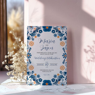 Mexican Blue Orange Floral Elegante Fiesta Wedding Einladung