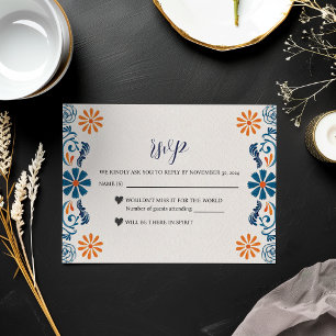 Mexican Blue Orange Floral Elegante Fiesta Wedding RSVP Karte