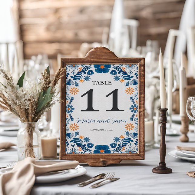 Mexican Blue Orange Floral Elegante Fiesta Wedding Tischnummer (Mexican Blue Orange Floral Elegant Fiesta Wedding Table Number)