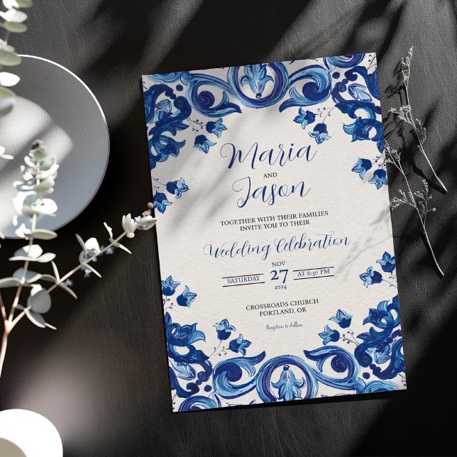 Mexican Blue Talavera Majolica Floral Boda Wedding Einladung (Mexican Blue Talavera Majolica Floral Boda Wedding Invitation)