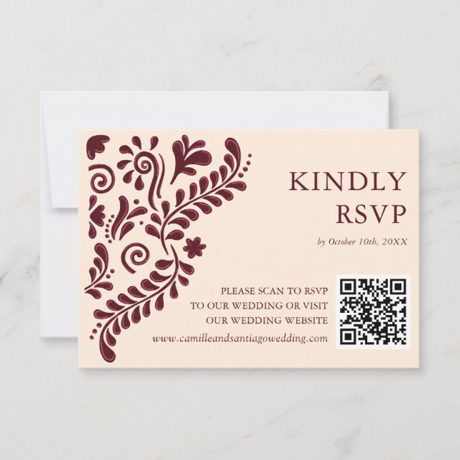 Mexican Burgundy Wedding QR Code RSVP Karte (Vorderseite)