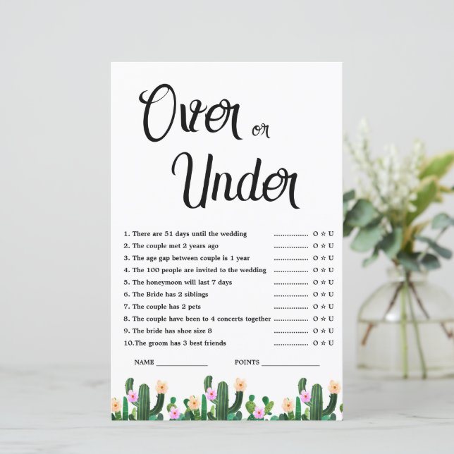 Mexican Cacti Over or Under Bridal Shower Game (Stehend Vorderseite)