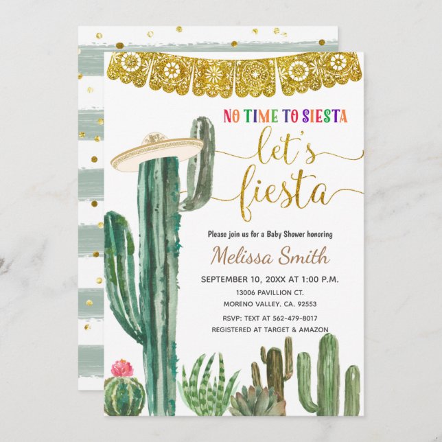 Mexican Cactus Let's Fiesta Baby Shower Einladung (Vorne/Hinten)