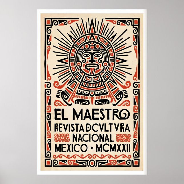 Mexican Culture Poster Stylized Aztec Face - Red (Vorne)