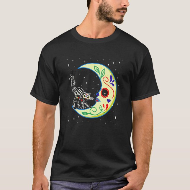 Mexican Day of The Dead Sugar Skull Moon Cat Kitte T-Shirt (Vorderseite)