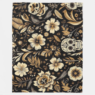 Mexican Dead and Floral Black Art Poker Fleecedecke