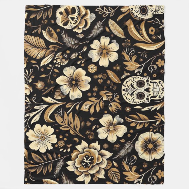 Mexican Dead and Floral Black Art Poker Fleecedecke (Vorderseite)