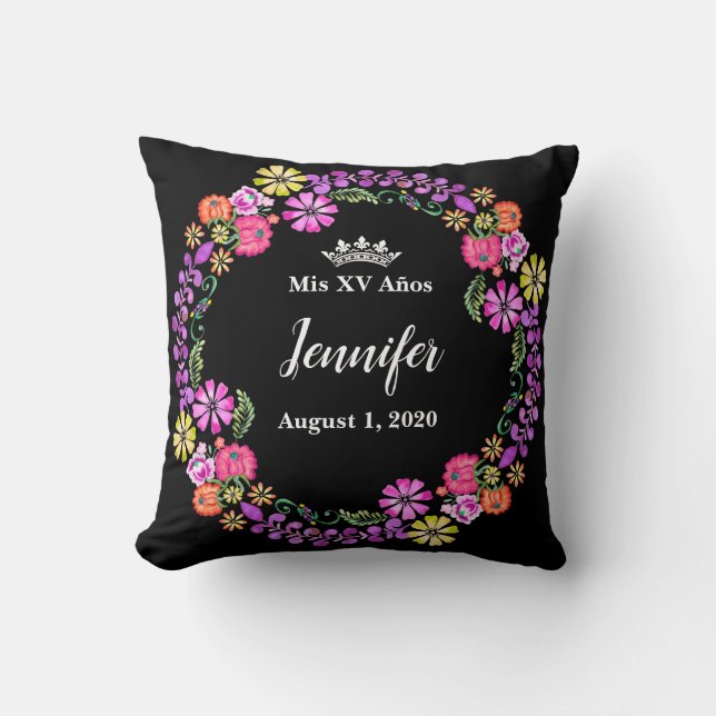 Mexican Embroidery Mis XV Recuerdo 16" Pillow Kissen (Vorderseite)