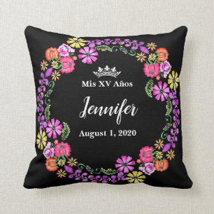 Mexican Embroidery Mis XV Recuerdo 16" Pillow Kissen