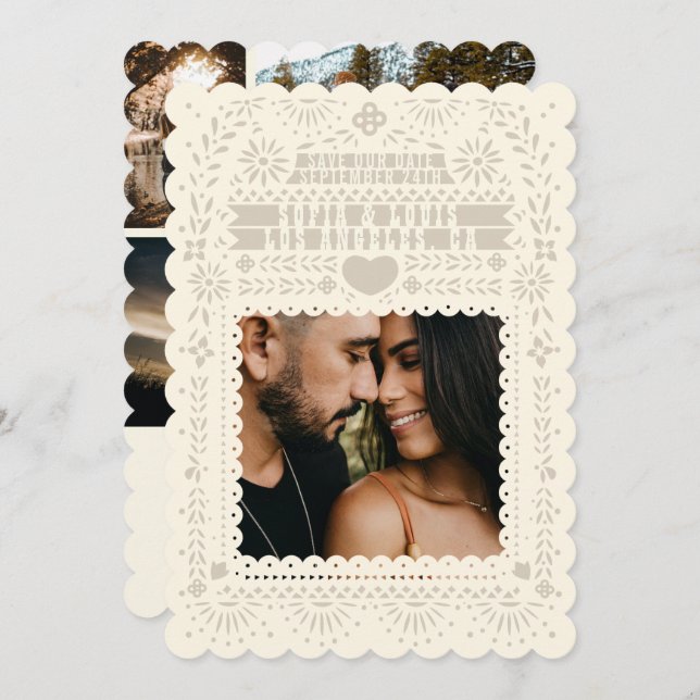 Mexican Fantail Doves Papel Picado Collage Einladung (Vorne/Hinten)