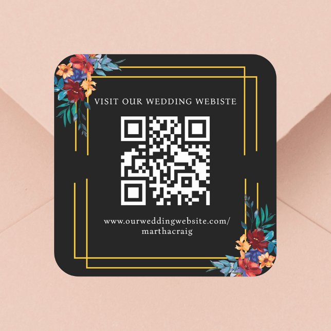 Mexican Fiesta Blume Hochzeit QR Code Black Quadratischer Aufkleber (Von Creator hochgeladen)