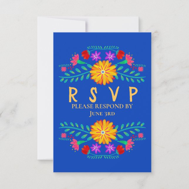 Mexican Fiesta Blume Royal Blue Quinceanera RSVP Karte (Vorderseite)