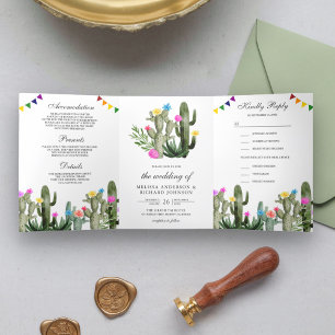 Mexican Fiesta Cactus Floral All in One Wedding Dreifach Gefaltete Einladung