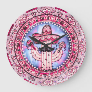 Mexican Fiesta Cinco de Mayo Sombrero Pink Blue Große Wanduhr