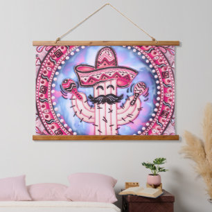 Mexican Fiesta Cinco de Mayo Sombrero Pink Blue Wandteppich Mit Holzrahmen