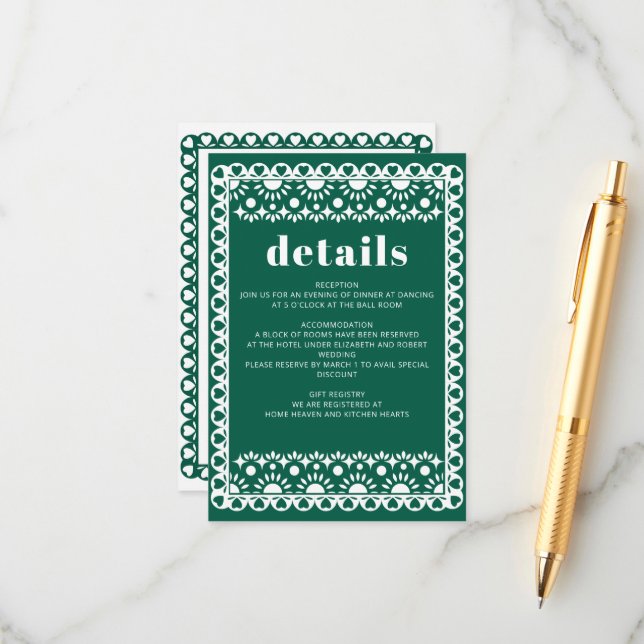 Mexican Fiesta Emerald Papel Picado Boho Wedding Begleitkarte (Vorderseite/Rückseite Beispiel)