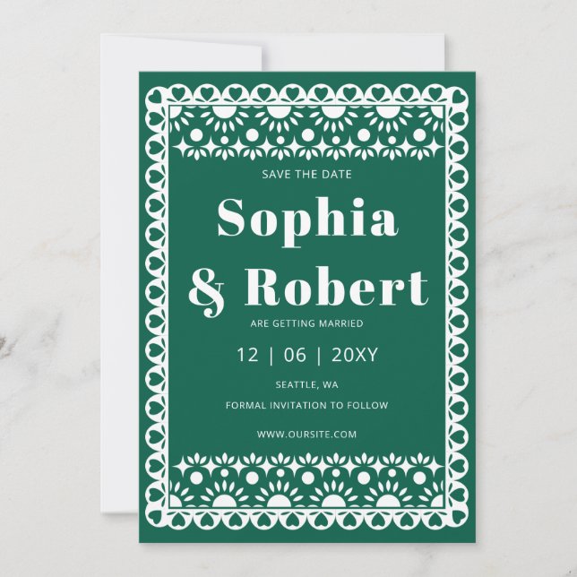 Mexican Fiesta Emerald Papel Picado Boho Wedding Save The Date (Vorderseite)