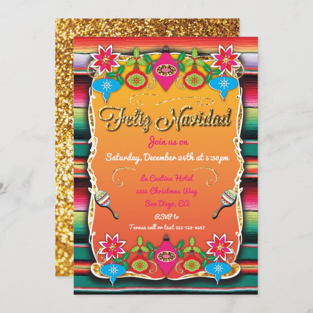 Mexican Fiesta Feliz Navidad Party Gold Glitzer Einladung (Vorne/Hinten)