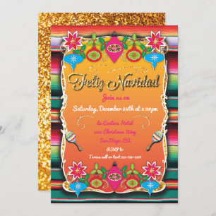Mexican Fiesta Feliz Navidad Party Gold Glitzer Einladung