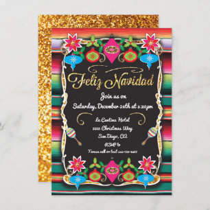 Mexican Fiesta Feliz Navidad Party Gold Glitzer Einladung