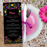 Mexican Fiesta Floral Black Wedding Menu Menükarte<br><div class="desc">Hübsche Speisekarte für Hochzeiten oder andere besondere Anlass. Dieses mexikanische Blumenmotiv besticht durch farbenfrohe mexikanische Folklorekunst-Blume in Rot, Rosa, lila und Gelb auf schwarzem Hintergrund. Auf der Rückseite der Karte befindet sich ein Blumenstrauß, der aus denselben Fiesta-Blume hergestellt wurde. Die Vorlage ist zum Set bereit, um das Menü mit Ihren...</div>