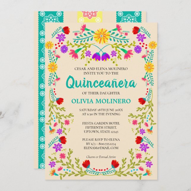 Mexican Fiesta Floral Champagne Quinceanera Einladung (Vorne/Hinten)